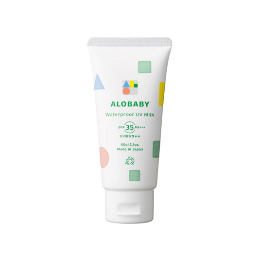 A tube of Alobaby Waterproof UV Milk with SPF35 PA+++ sunscreen designed for babies and children, with colorful geometric patterns on the packaging.