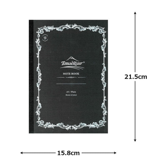 Black notebook with decorative border and measurements on a white background