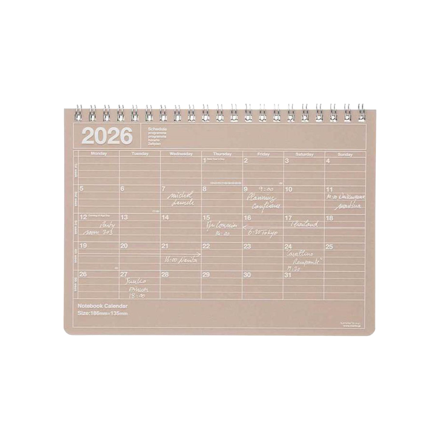 2026 calendar with a beige background on a white background