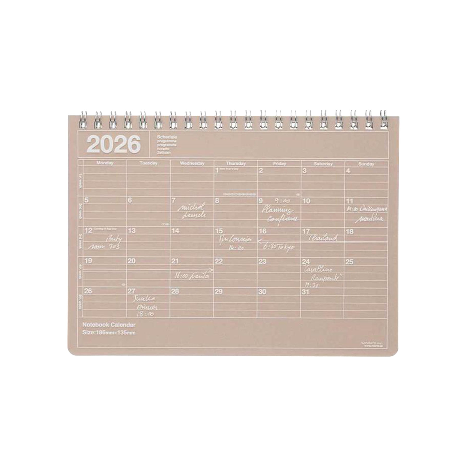 2026 calendar with a beige background on a white background