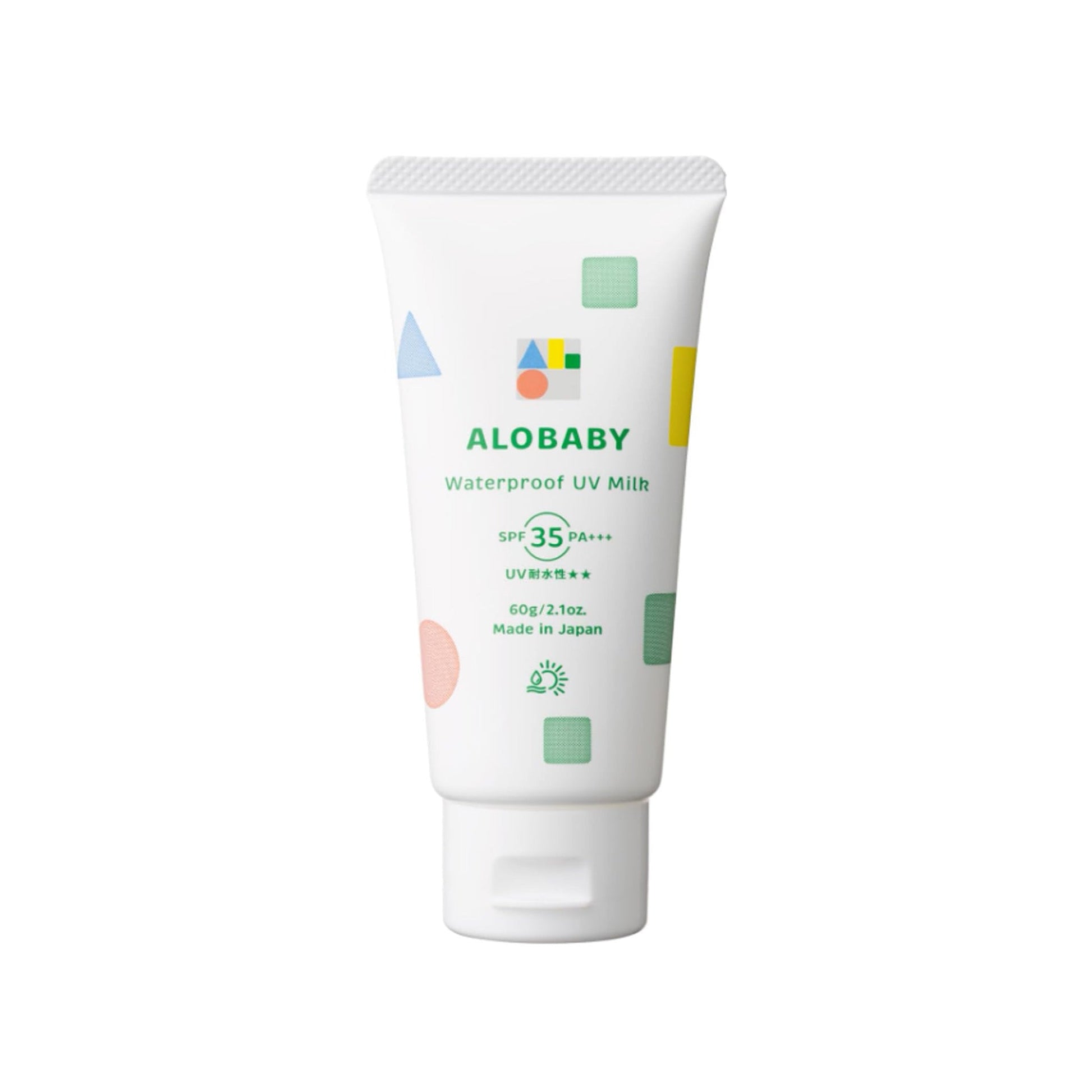 A tube of Alobaby Waterproof UV Milk with SPF35 PA+++ sunscreen designed for babies and children, with colorful geometric patterns on the packaging.