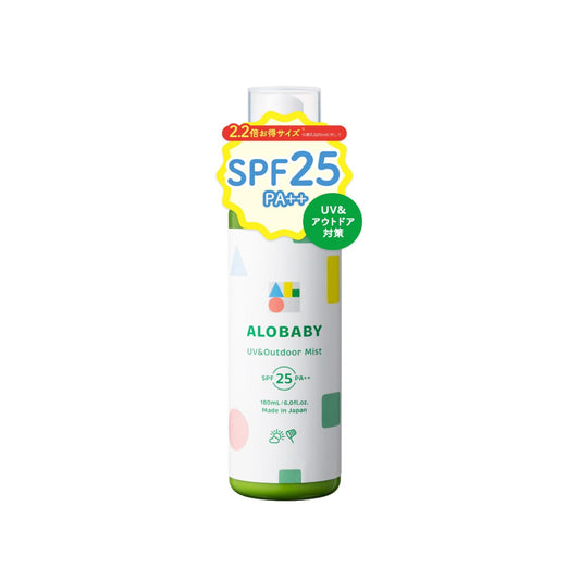 A bottle of Alobaby Sunscreen UV & Outdoor Mist with SPF 25, labeled organic and non-chemical.