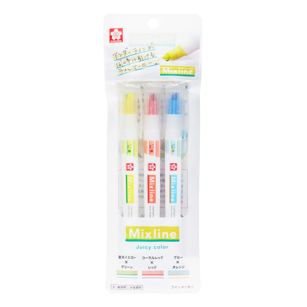 Pack of Sakura Cray-Pas Mixed Line Highlighters in various colors, packaged in a clear plastic case with a white background.