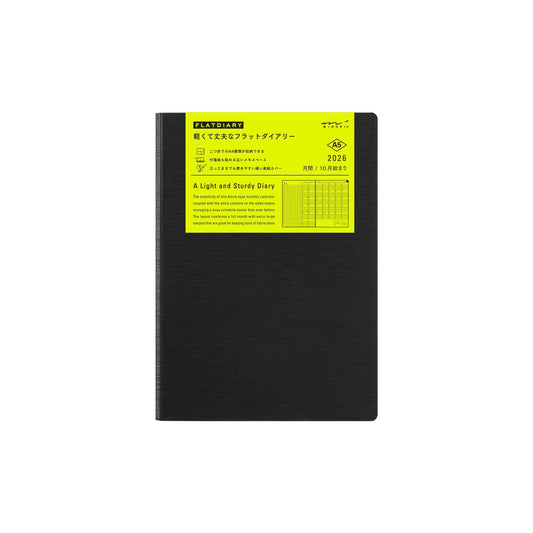 Midori Flat Diary 2026 A4 Monthly – Black, Bookmark Limited Edition (Starts October 2025)