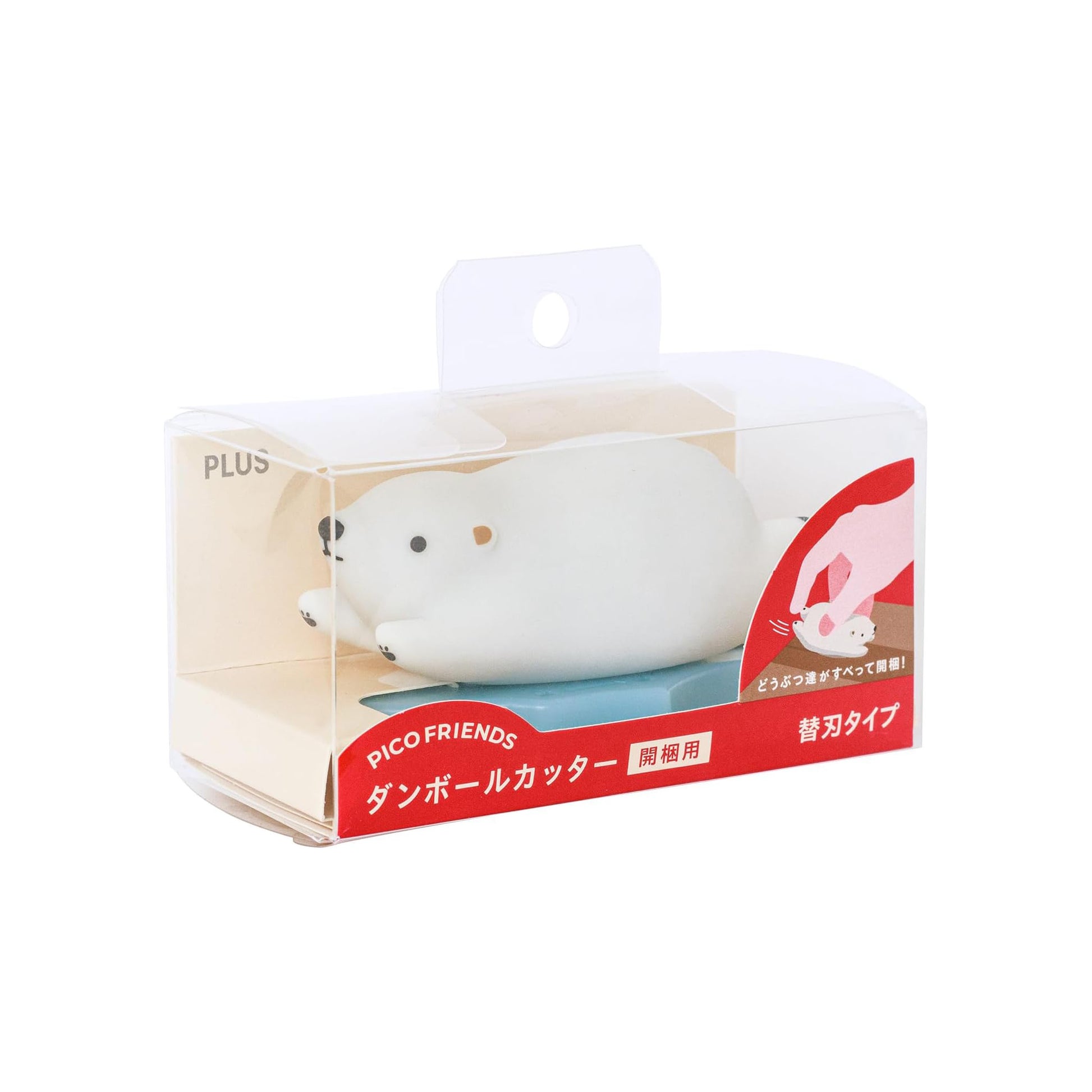 White animal-shaped product in packaging with 'PLUS' branding on a white background