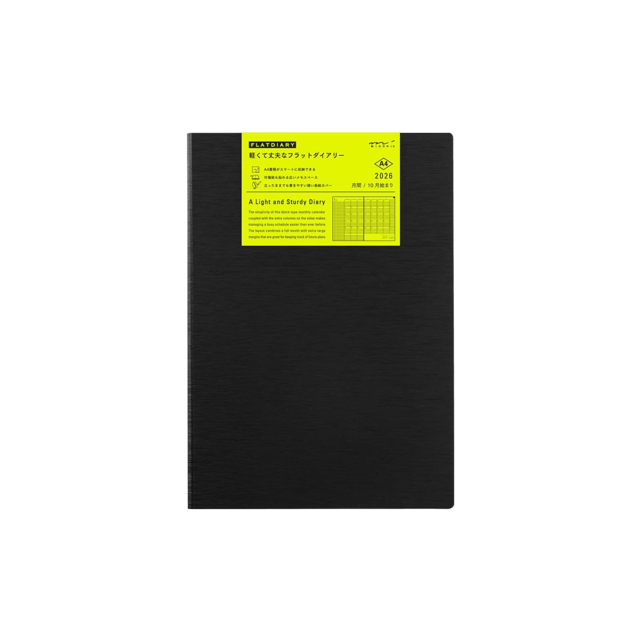 Midori Flat Diary 2026 A4 Monthly – Black, Bookmark Limited Edition (Starts October 2025)