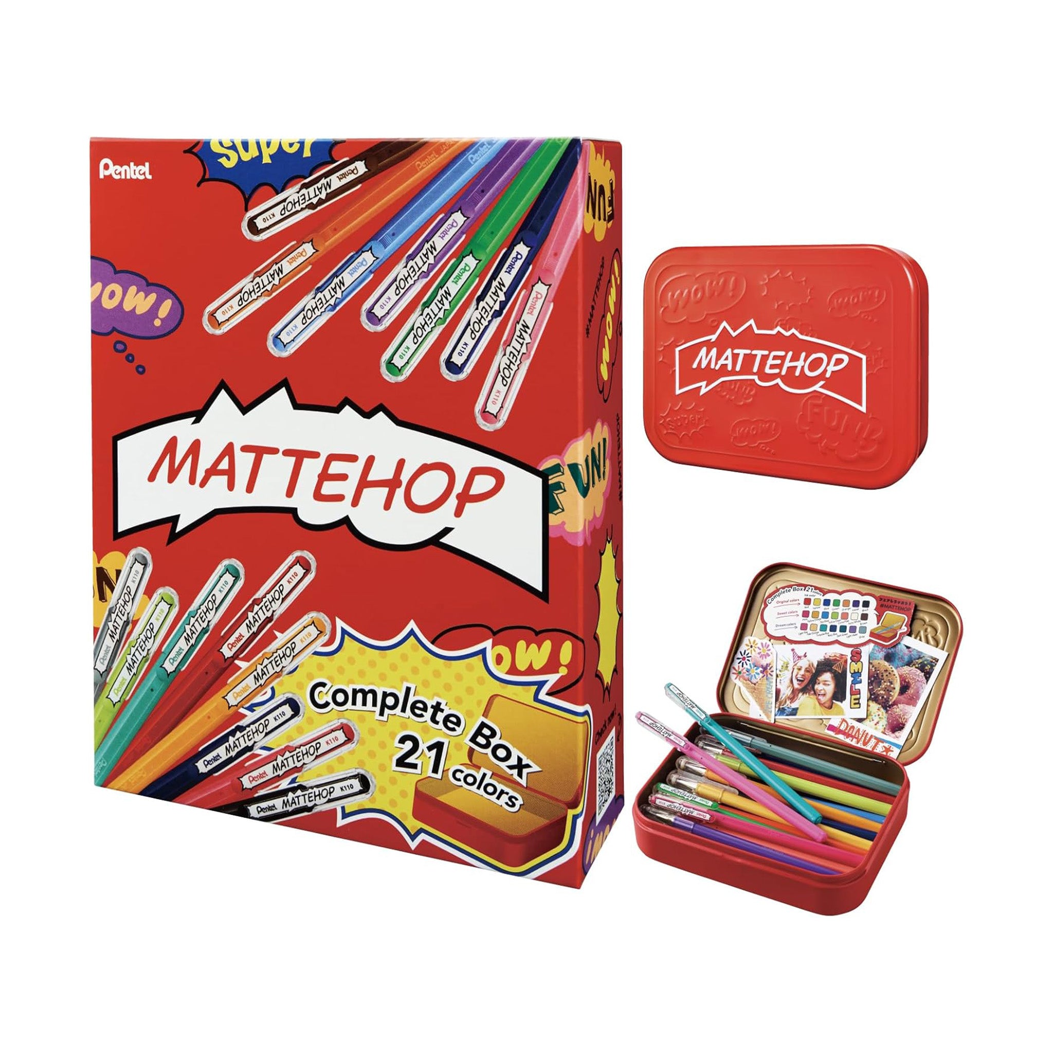 MATTEHOP complete box with 21 colors and open case on a white background