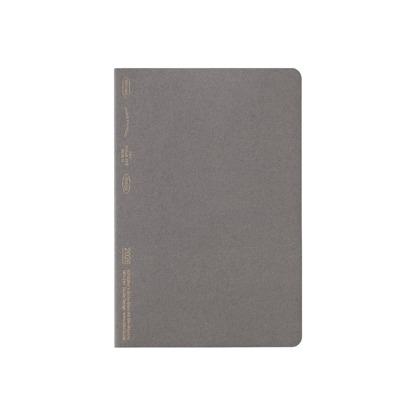 Gray notebook with gold accents on a white background