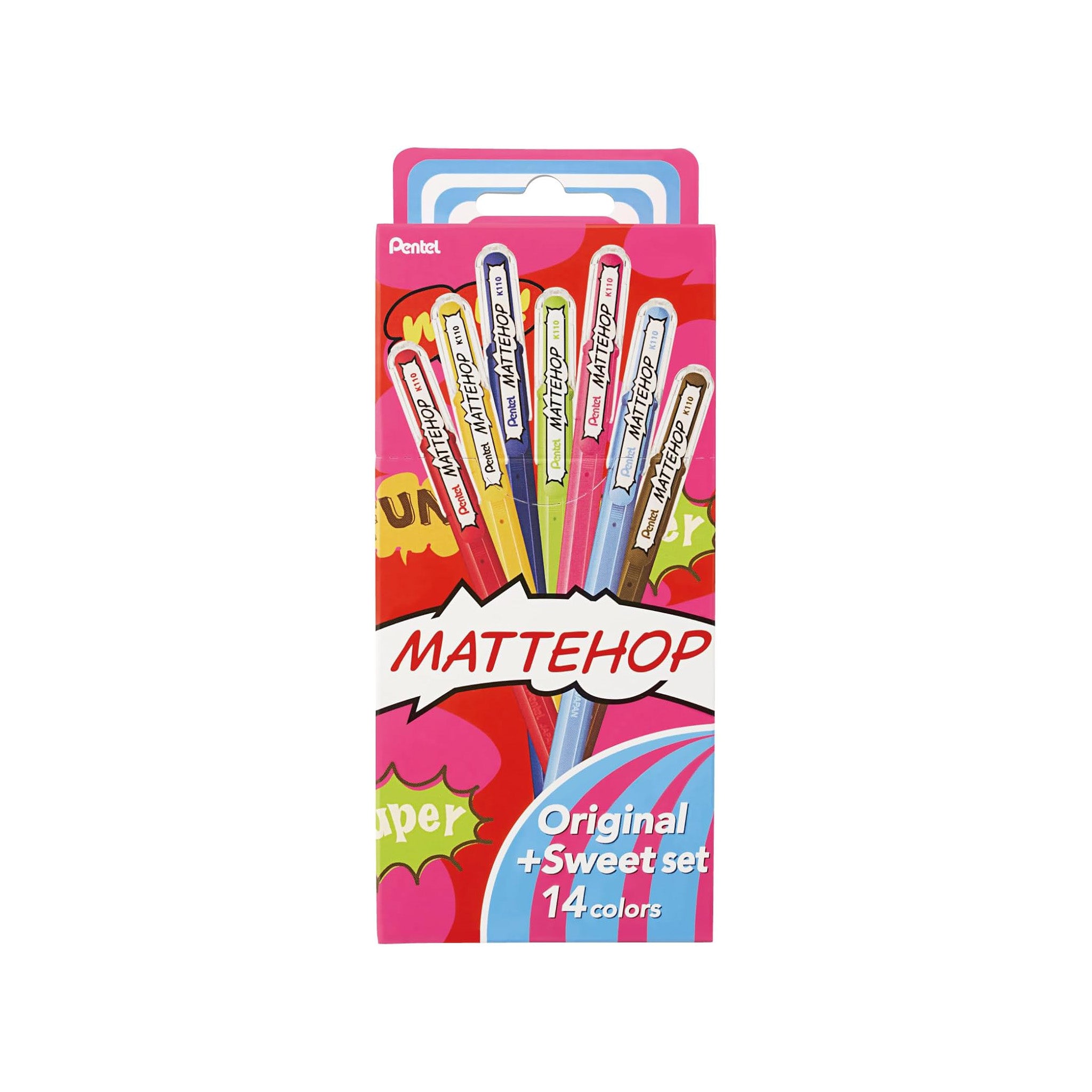 Pack of matte markers with colorful packaging on a white background