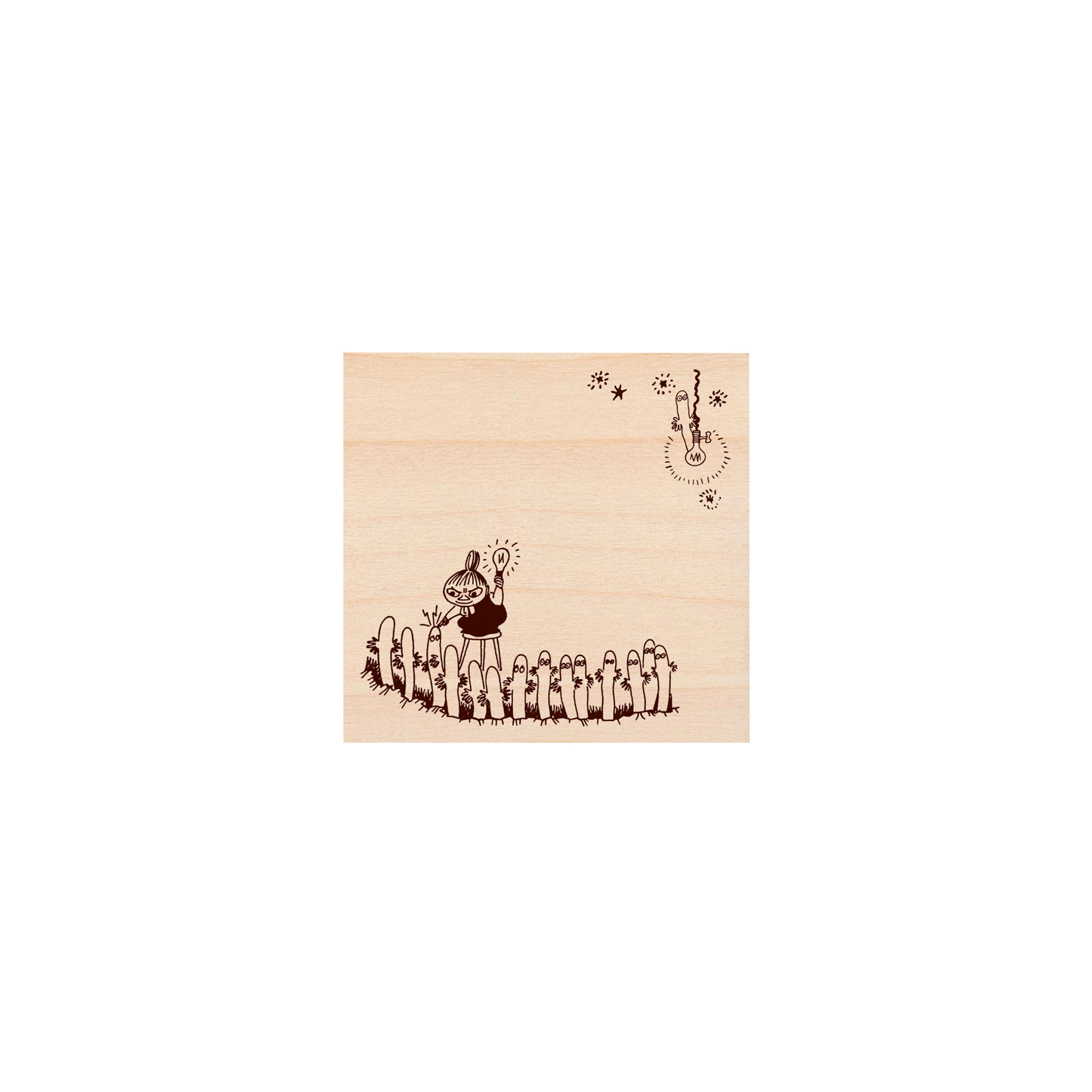 Wooden stamp with cartoon character and small crowd design on a white background.