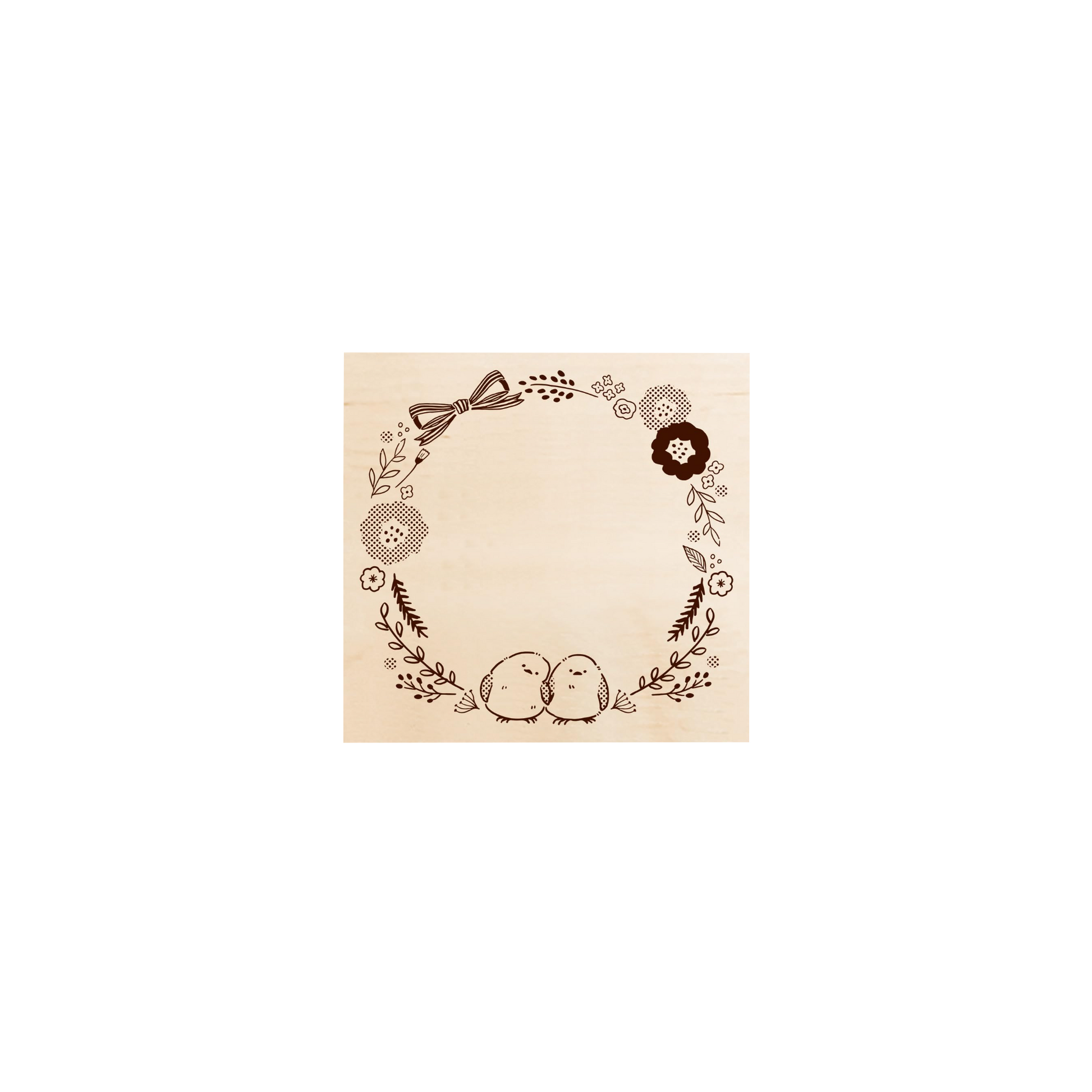 A square rubber stamp with a floral and bird design in a beige color on a white background.