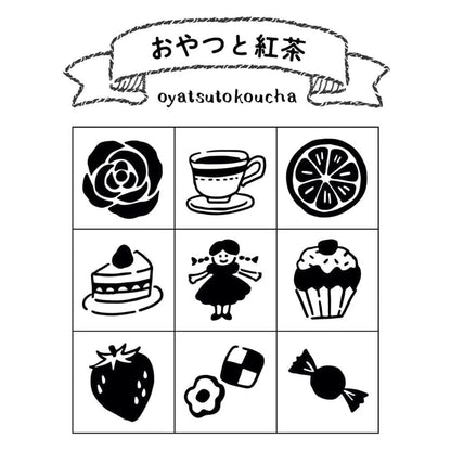 Illustrations of a rose, tea cup, lemon, cake, doll, cupcake, strawberry, flower, and candy with 'oyatsutokoucha' text above.