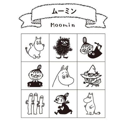 Moomin characters in a grid with 'Moomin' text at the top.