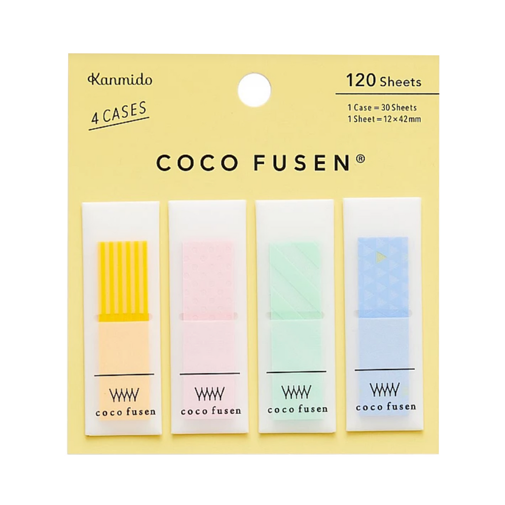A pack of Kanmido Coco Mini Sticky Notes with four pastel colored sticky notes exposed from a yellow case, labeled with 'COCO FUSEN'.