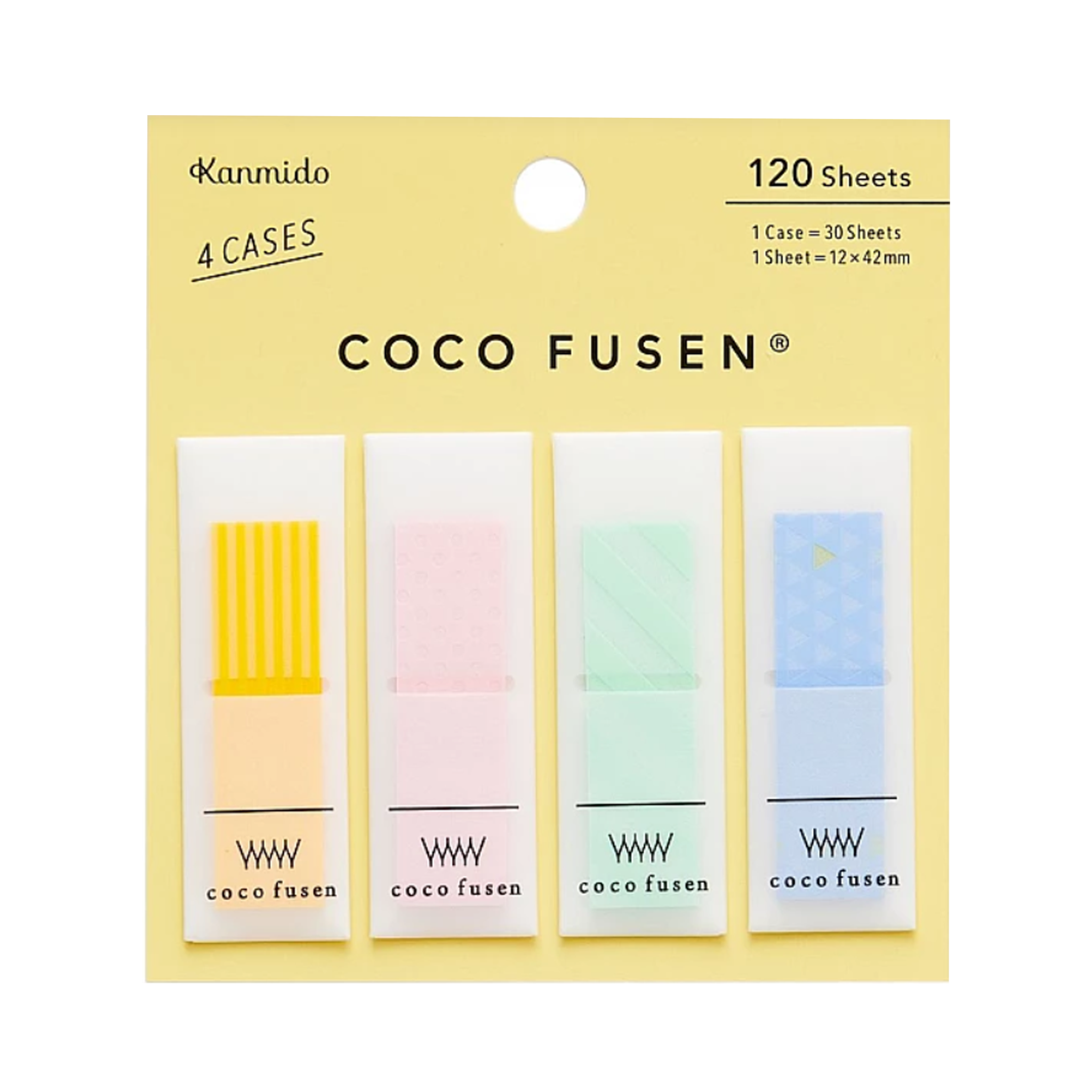 A pack of Kanmido Coco Mini Sticky Notes with four pastel colored sticky notes exposed from a yellow case, labeled with 'COCO FUSEN'.