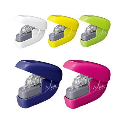 Five colorful staplers in white, yellow, green, blue, and pink on a white background.