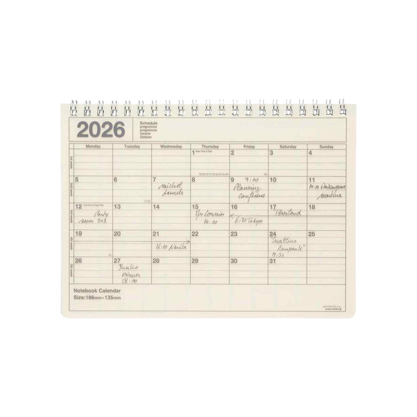 Calendar for the year 2026 on a white background
