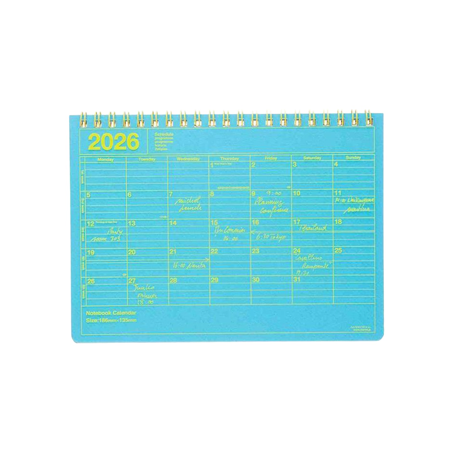 2026 calendar with blue cover and yellow grid on a white background