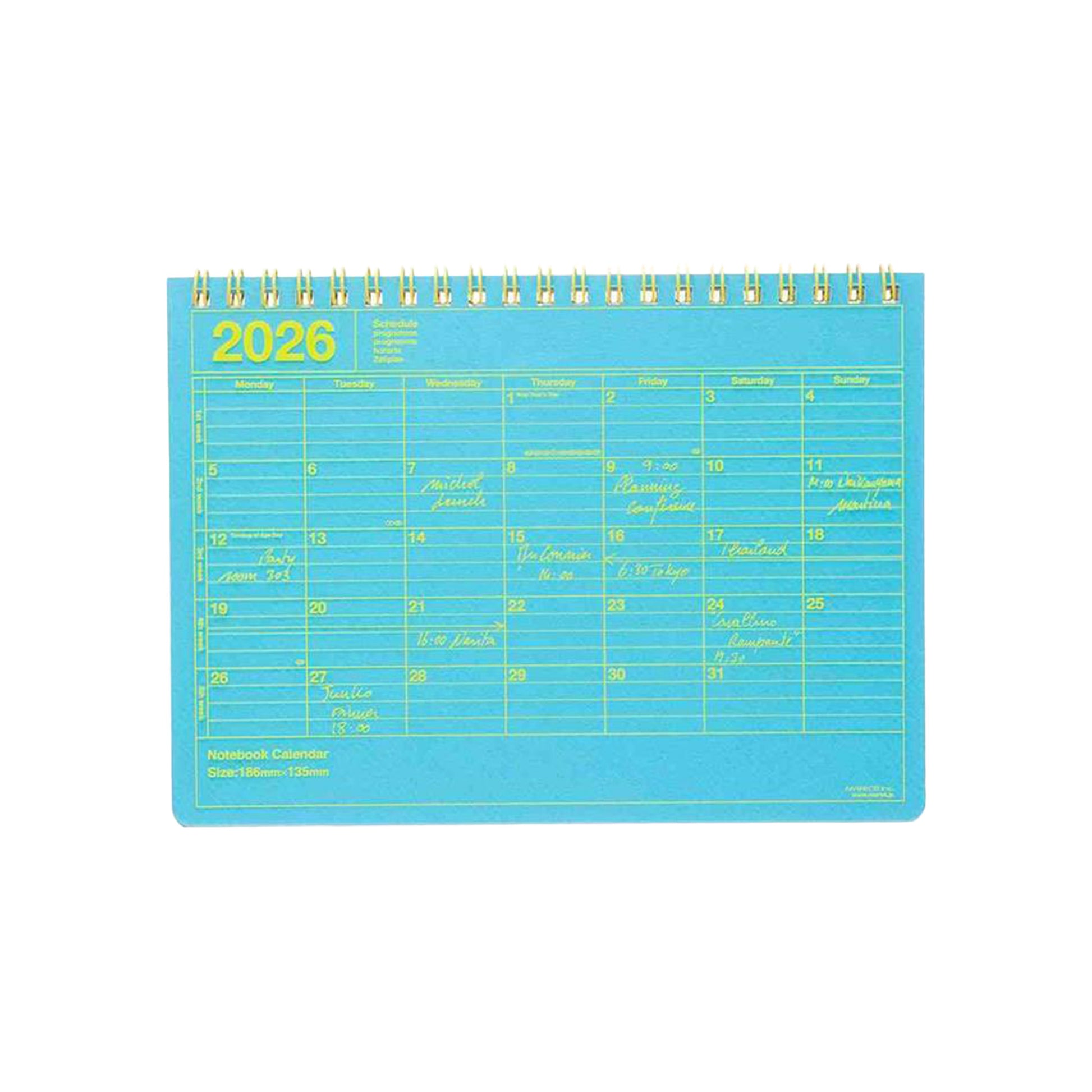 2026 calendar with blue cover and yellow grid on a white background