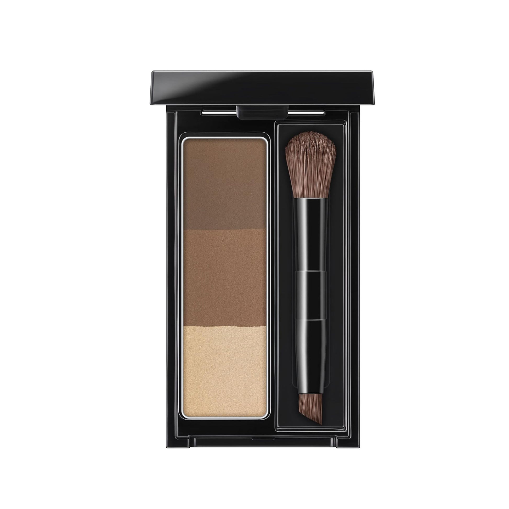Makeup palette with two brown shades and a brush on a white background