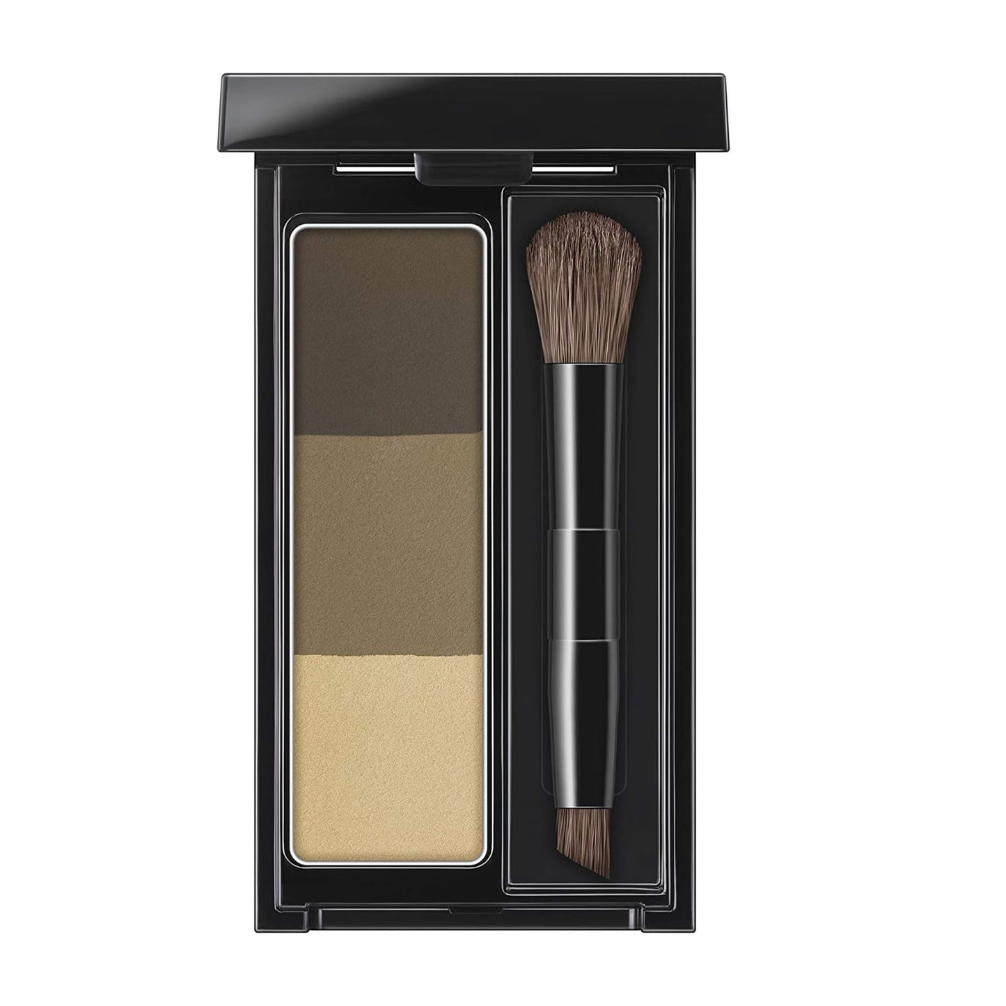 Makeup palette with three shades and a brush on a white background