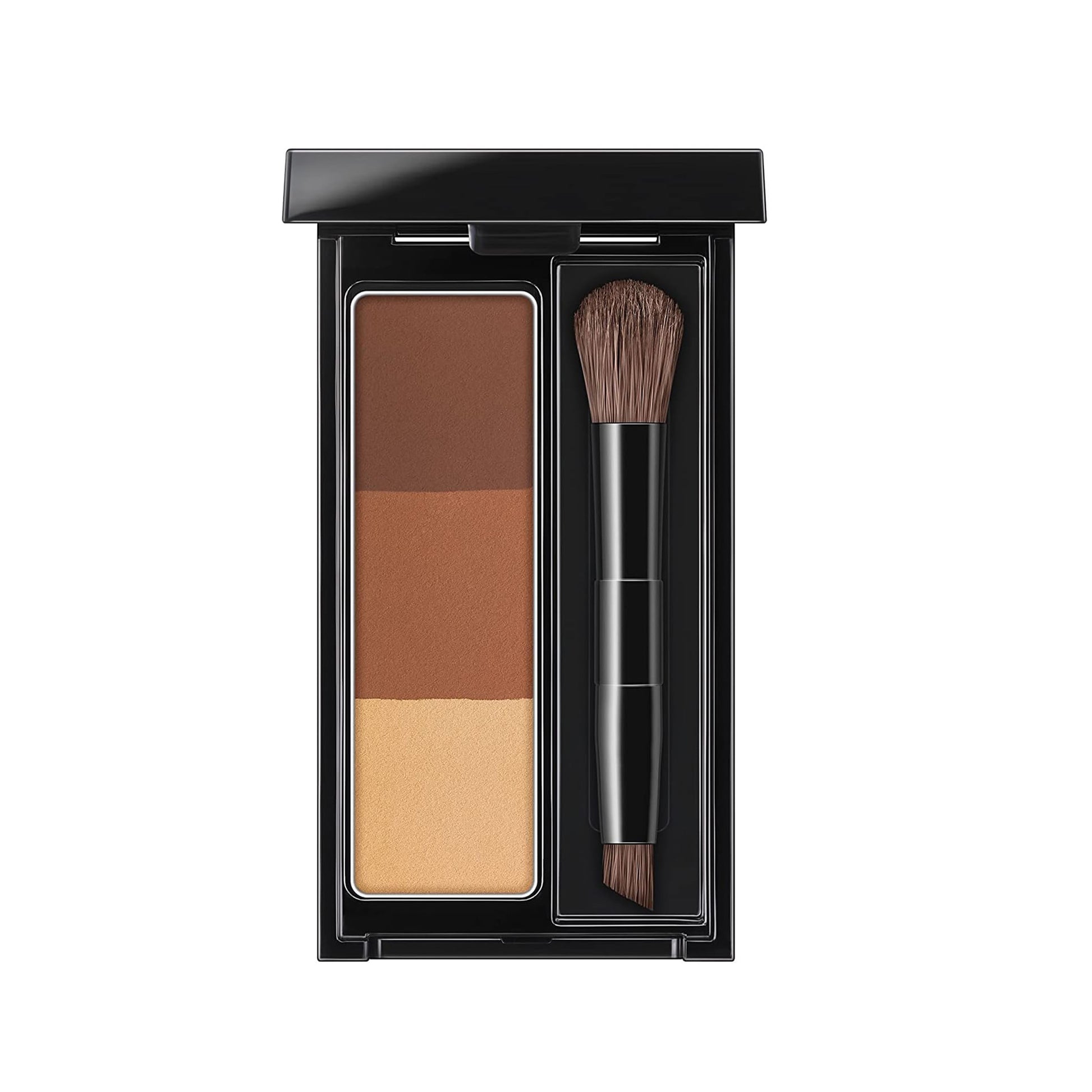 Makeup palette with brown shades and a brush on a white background
