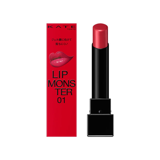 Lipstick with red shade and black casing next to its red packaging on a white background