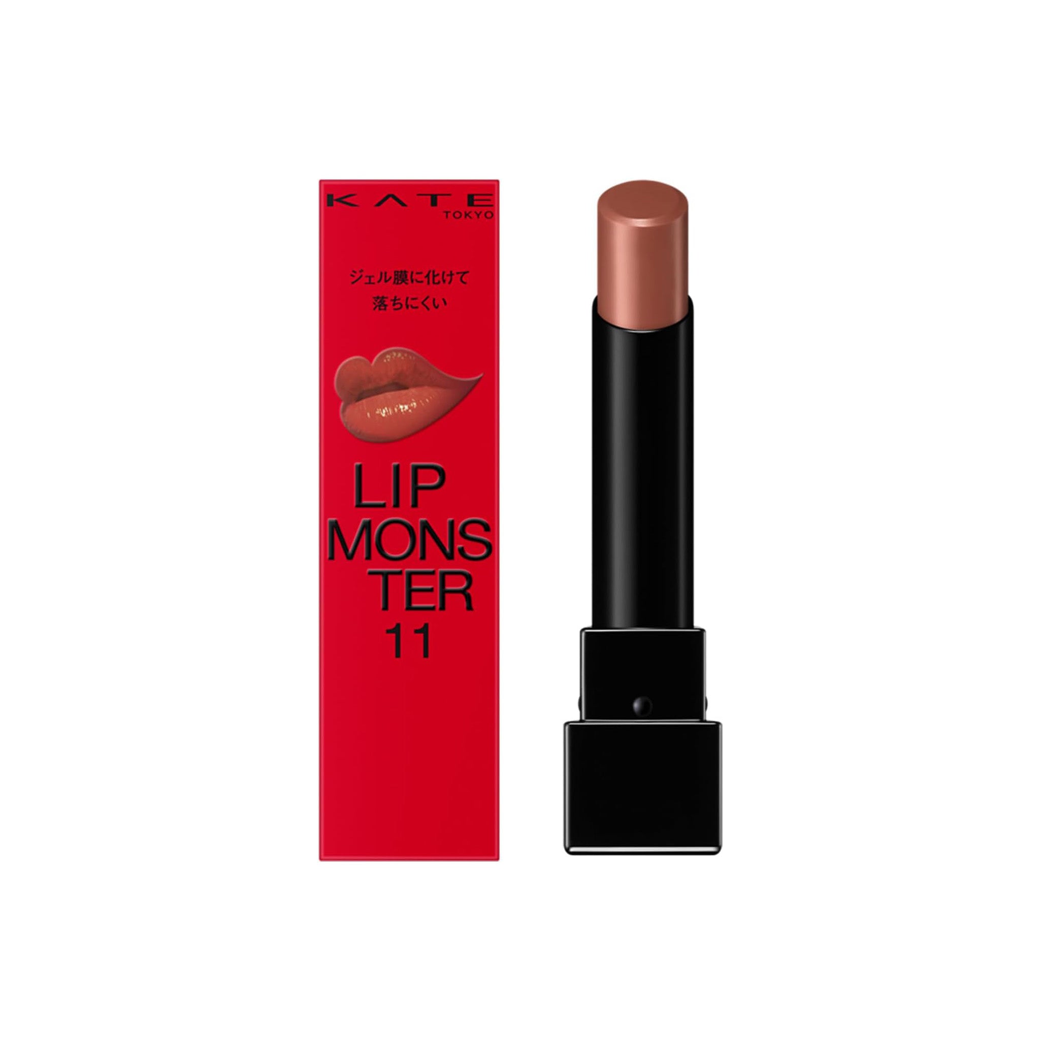 Lipstick with red packaging featuring 'KATE' and 'LIP MONSTER 11' text on a white background.