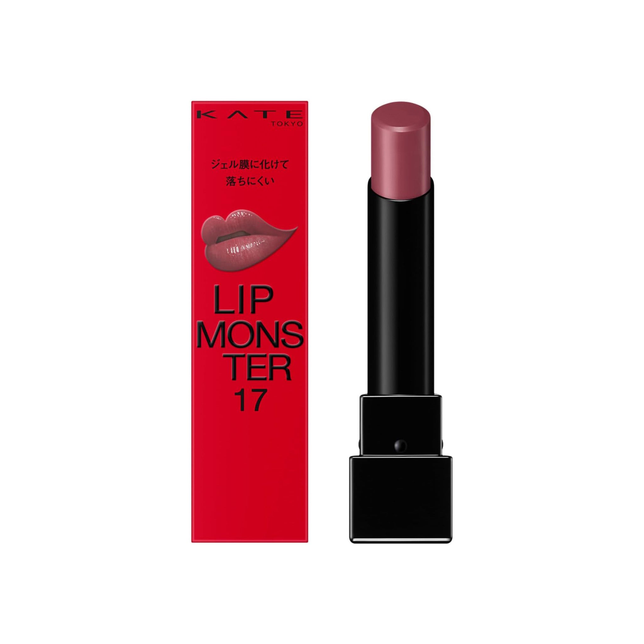 Lipstick with red packaging featuring 'KATE' and 'LIP MONSTER 17' on a white background