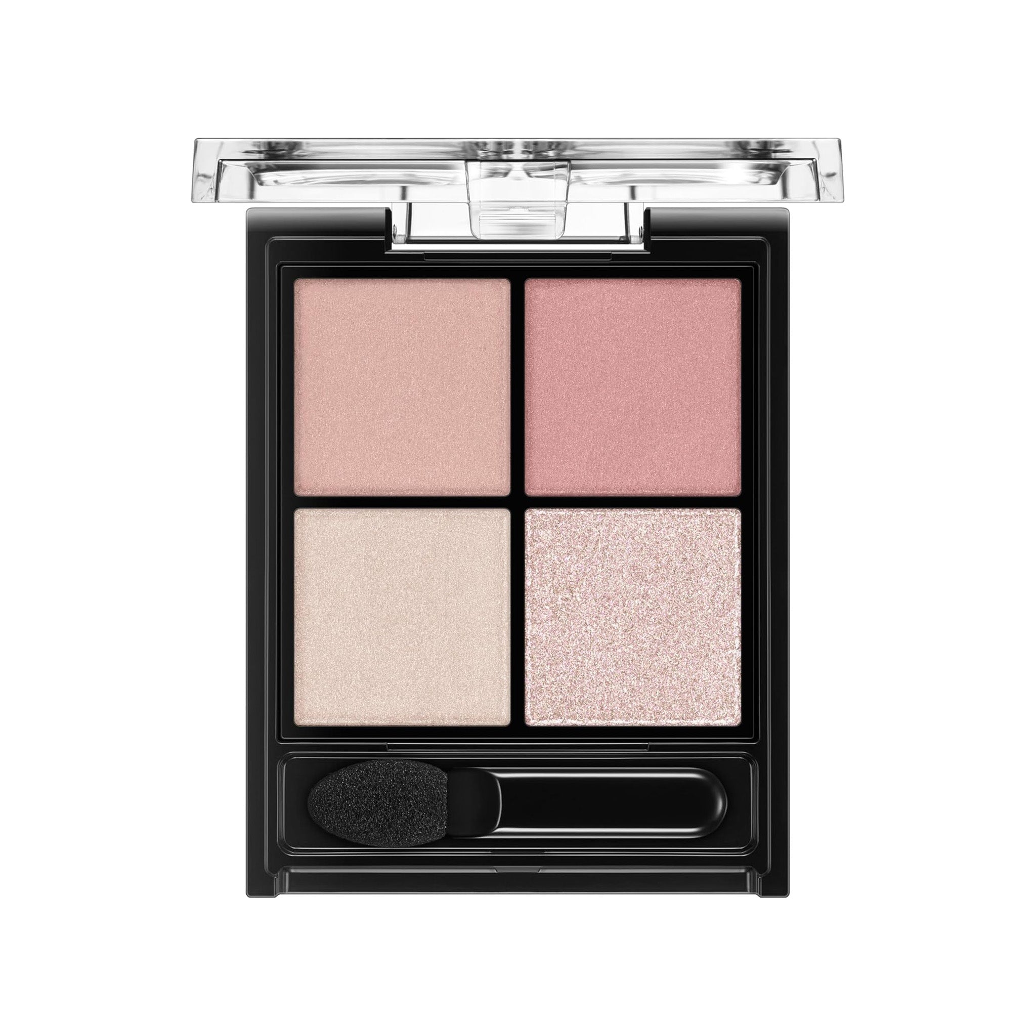 Makeup palette with four different shades of eyeshadow on a white background