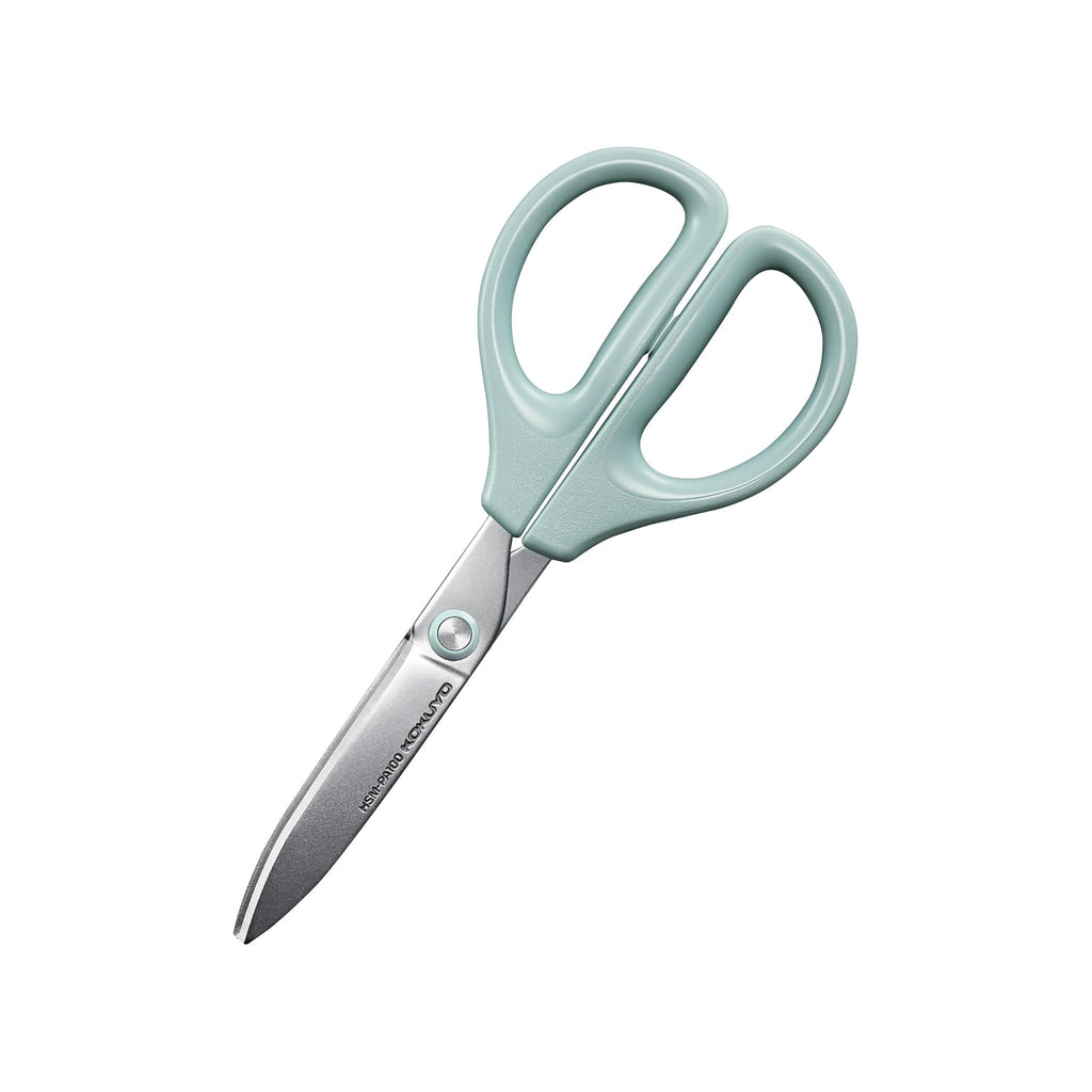 Pair of scissors with light blue handles on a white background