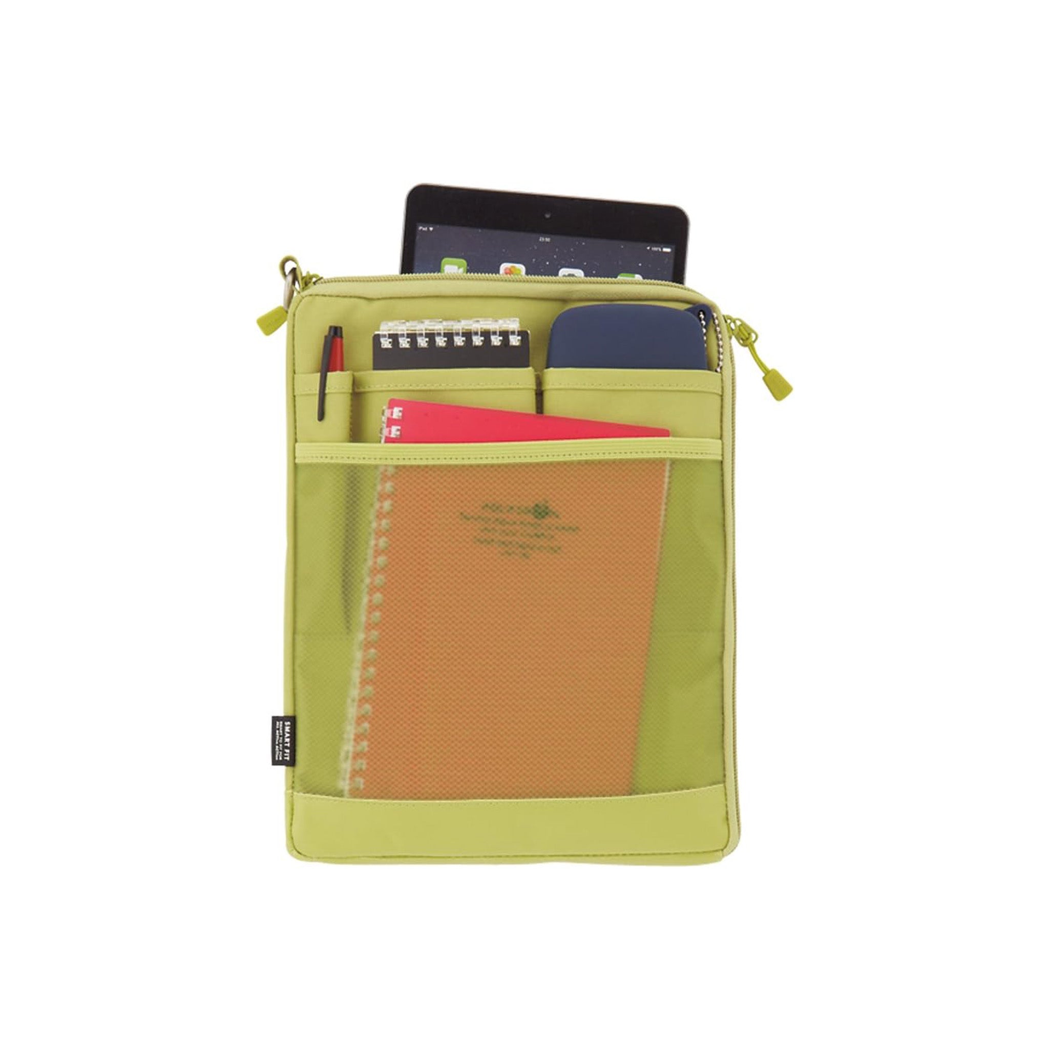 A lime green tablet sleeve with a front mesh pocket and multiple zippered compartments, shown with a tablet, notebook, pen, and other items inside on a white background.