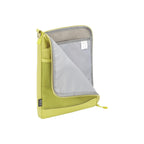 A lime green mesh tablet sleeve with a gray interior, shown open against a white background.