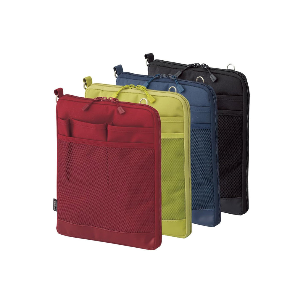 Four zippered sleeve-style pouches in red, lime green, blue, and black, arranged in a row on a plain white background.