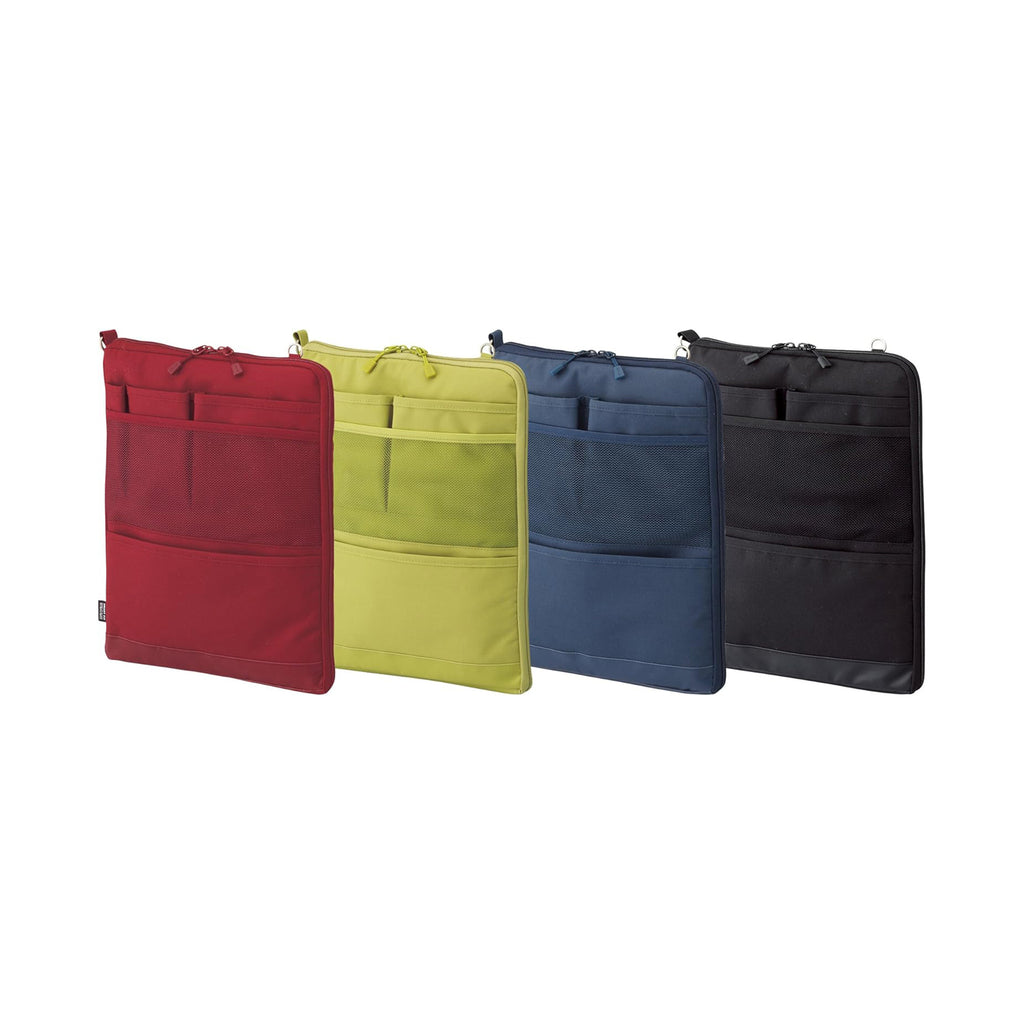 Four fabric document pouches in red, yellow-green, blue, and black, arranged in a row against a plain white background.