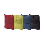 Four fabric document pouches in red, yellow-green, blue, and black, arranged in a row against a plain white background.