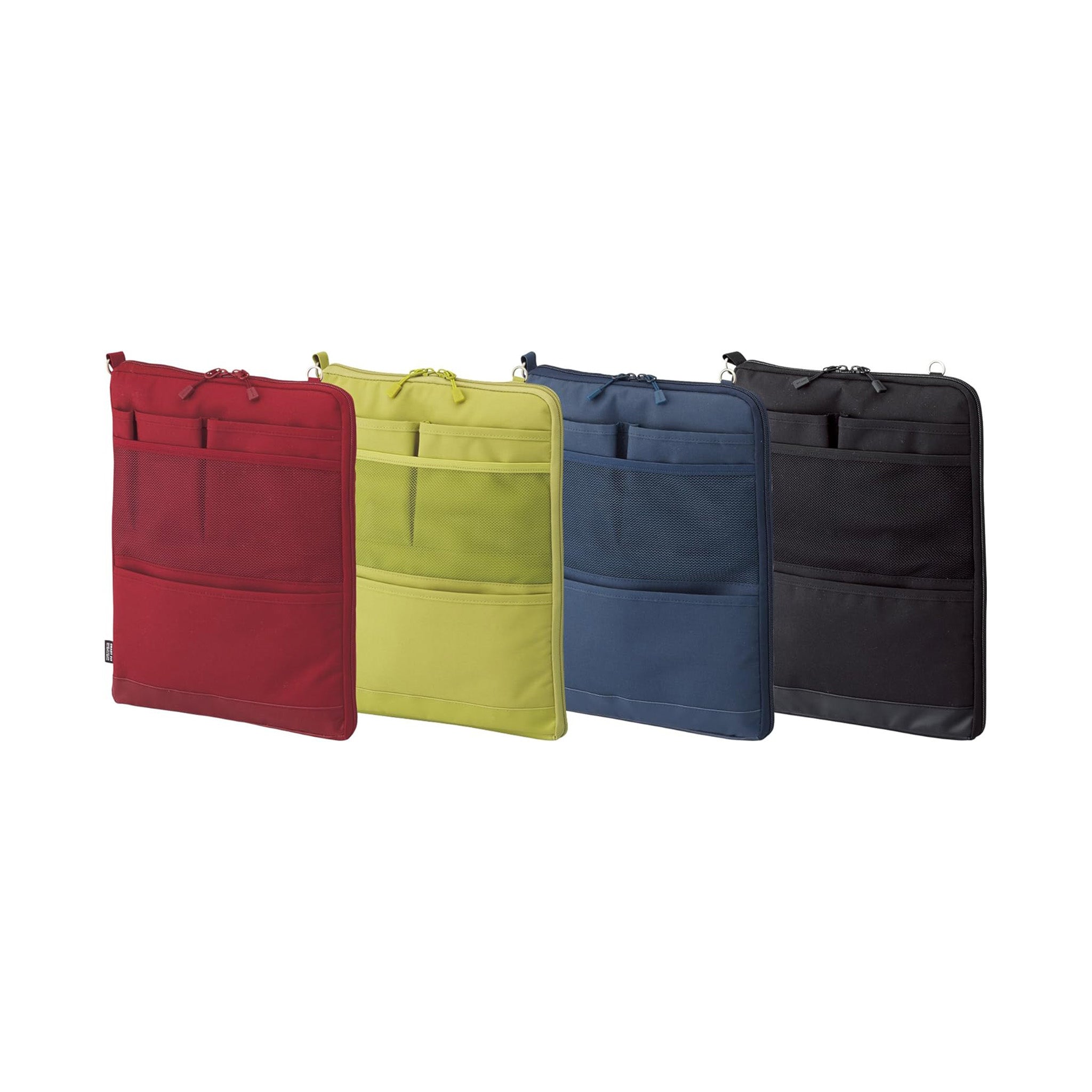 Four fabric document pouches in red, yellow-green, blue, and black, arranged in a row against a plain white background.