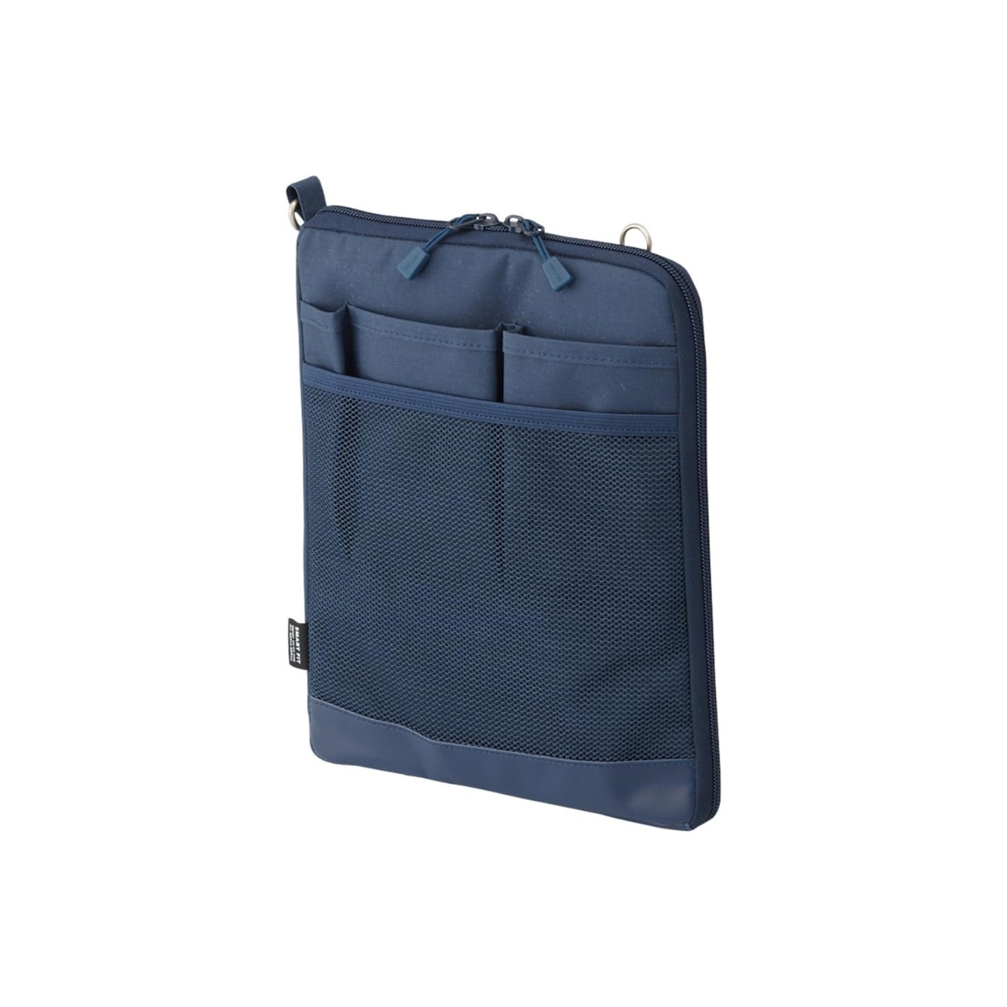 A navy blue zippered pouch with multiple front pockets and a mesh front panel, shown on a plain white background.