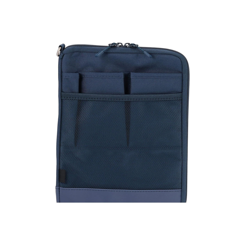 A navy blue zippered tablet sleeve or document pouch with multiple front pockets, shown against a plain white background.