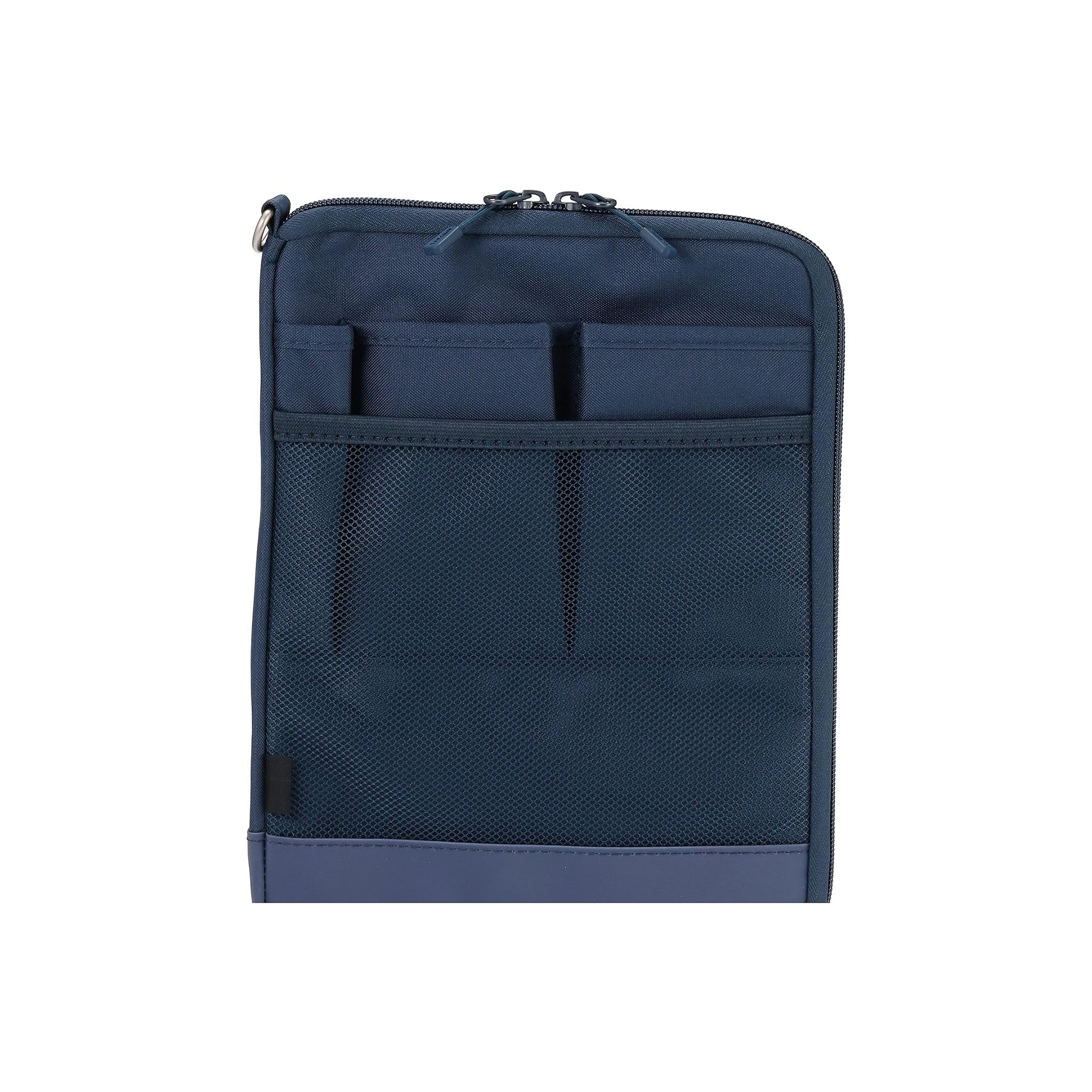 A navy blue zippered tablet sleeve or document pouch with multiple front pockets, shown against a plain white background.