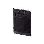 A black fabric tablet sleeve or document pouch with multiple zippered pockets and a mesh front panel, shown on a plain white background.