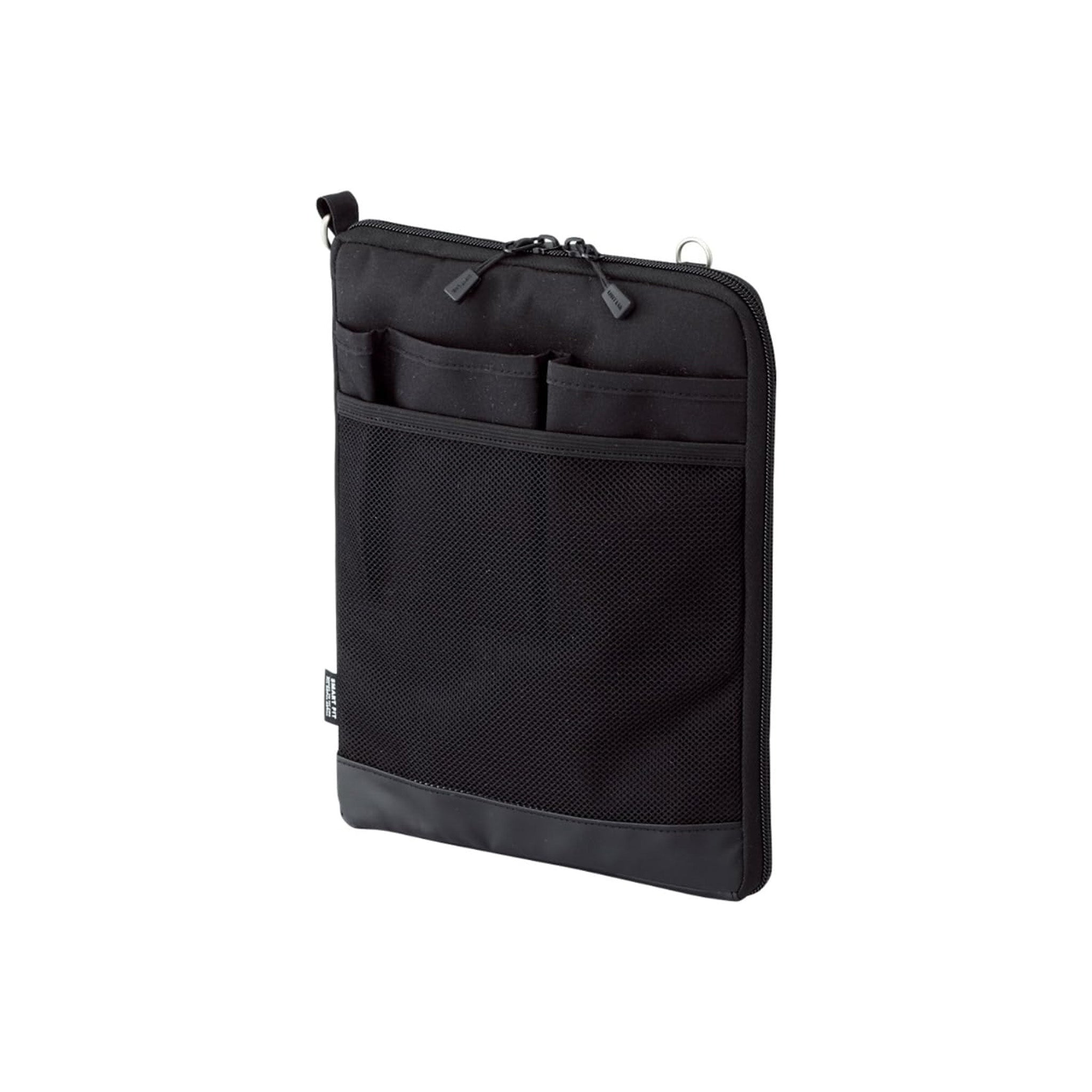 A black fabric tablet sleeve or document pouch with multiple zippered pockets and a mesh front panel, shown on a plain white background.