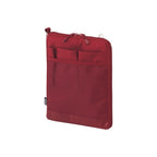 A red fabric tablet sleeve or document pouch with multiple front pockets, a top zipper closure, and a small black brand tag on the lower left, shown on a plain white background.