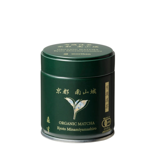 Green tea canister with Japanese text and a leaf symbol on a white background