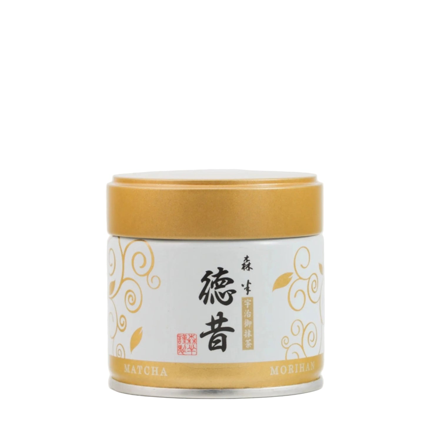 Matcha tea canister with gold lid on a white background