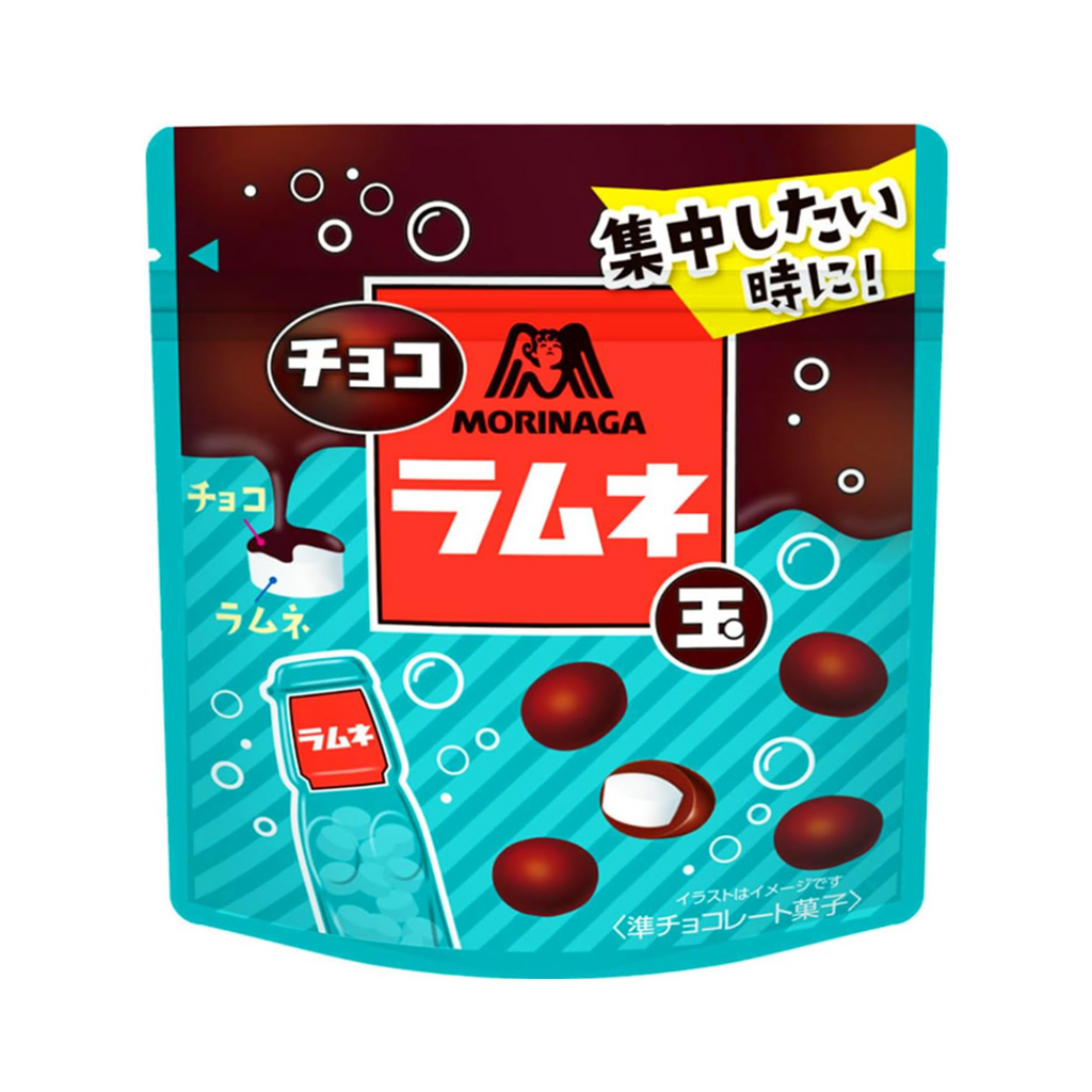A package of Morinaga Chocolate Ramune Balls featuring an image of the chocolate-coated ramune balls and branding in Japanese.