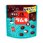 A package of Morinaga Chocolate Ramune Balls featuring an image of the chocolate-coated ramune balls and branding in Japanese.
