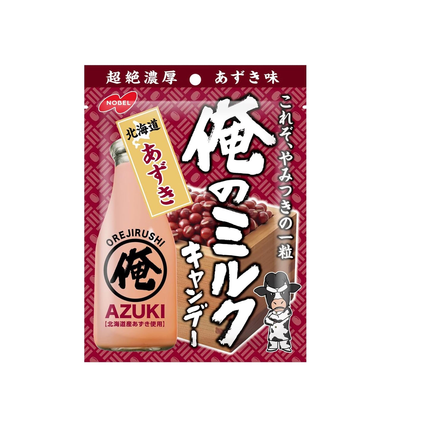 Packaging of a milk candy with azuki beans on a red background
