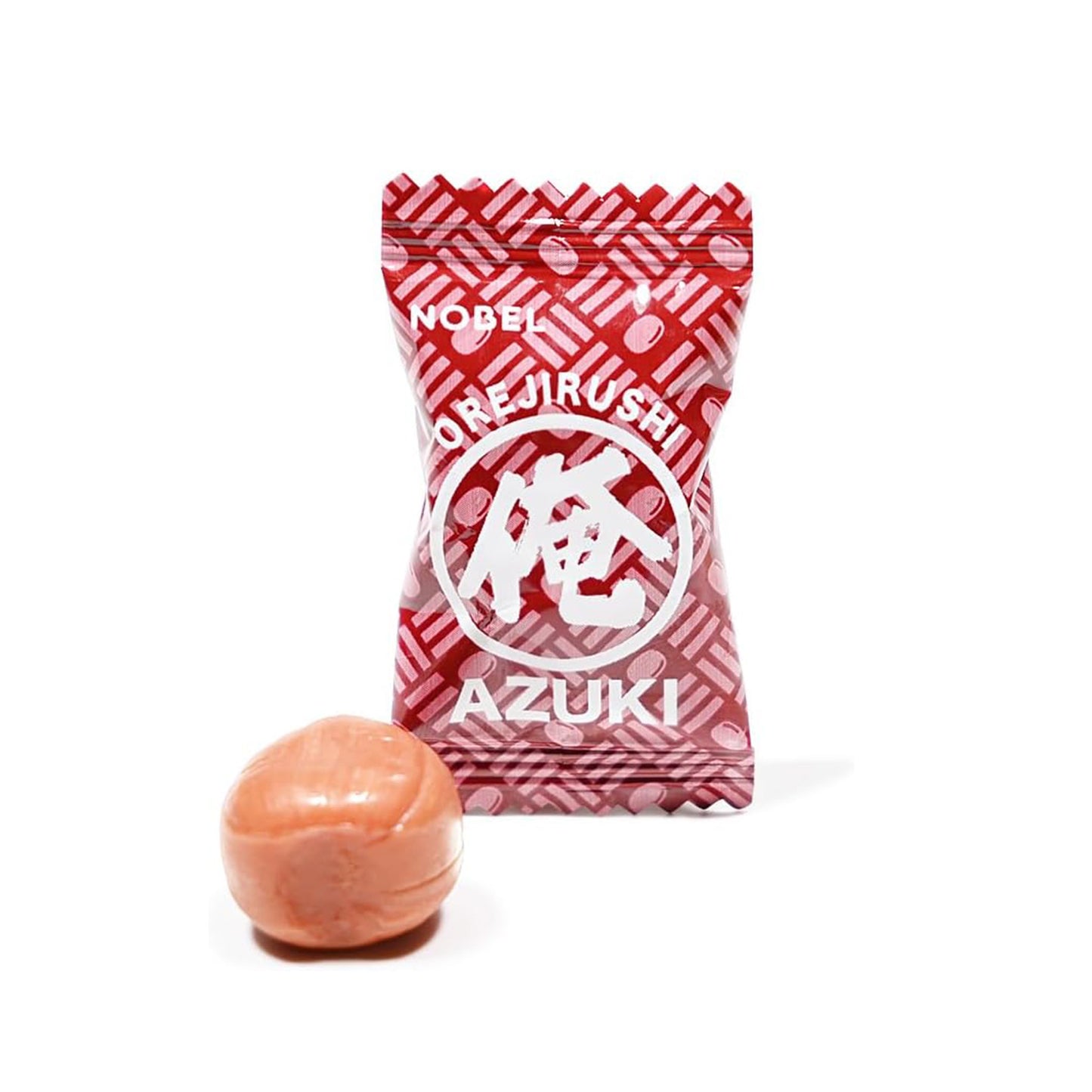 Red and white package of Azuki beans with a small pink ball candy on a white background