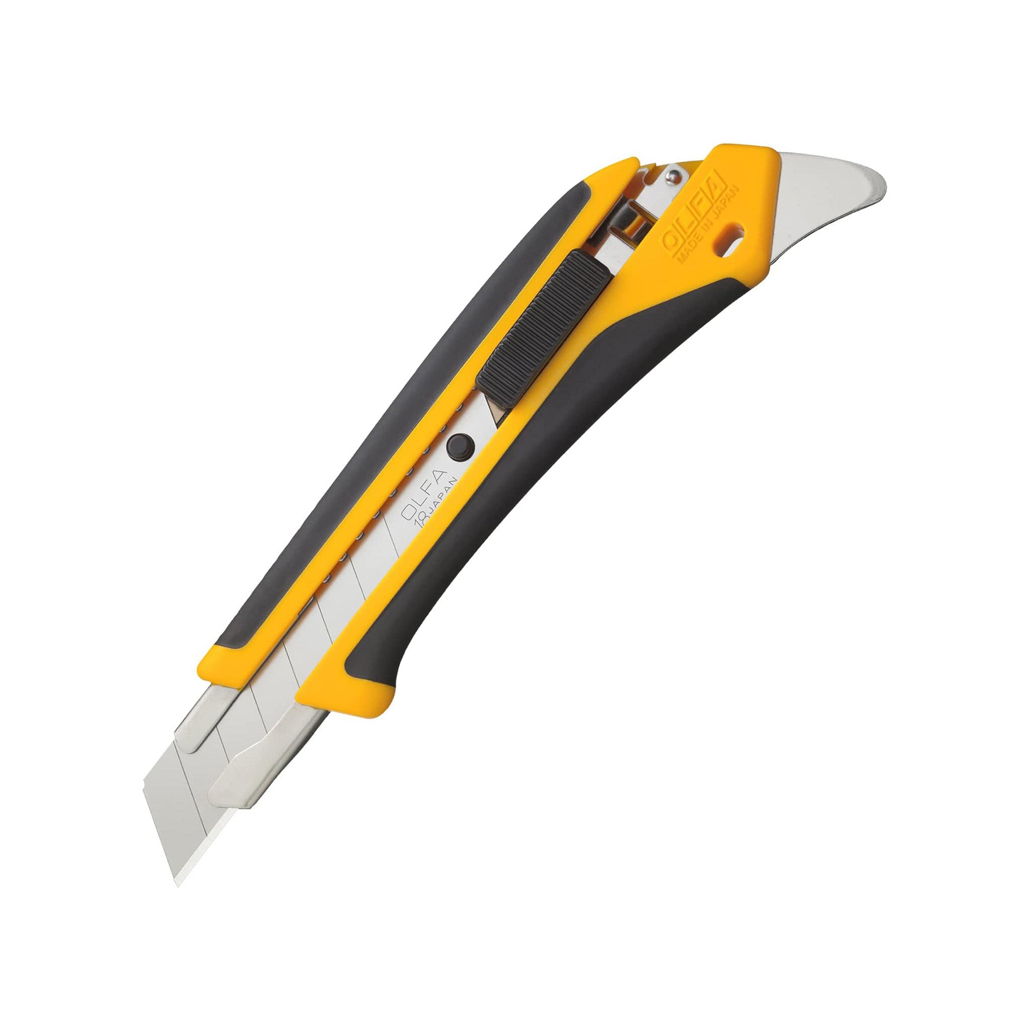 Retractable knife with yellow and black handle on a white background